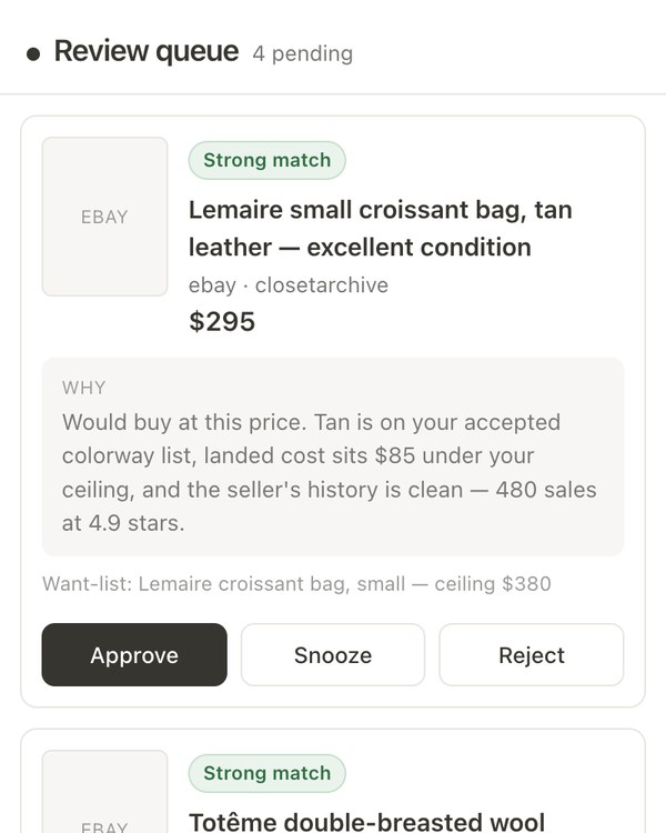 Dot review queue: graded matches with plain-language reasoning and approve, snooze, or reject actions