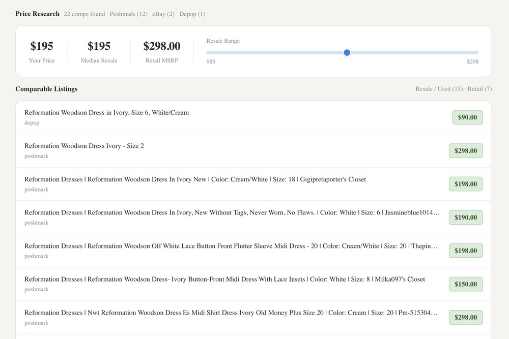 ReList price research: comps aggregated across Poshmark, eBay, and Depop with median resale and retail pricing